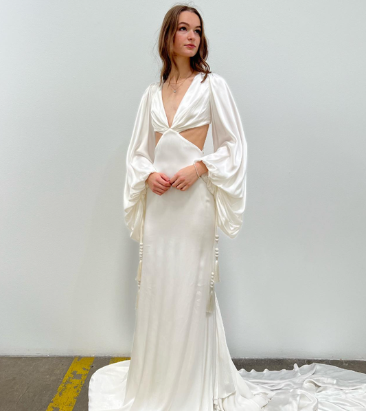 Mermaid Long Sleeve V Neck Satin Open Back Long Sweep Wedding Dress DP3658