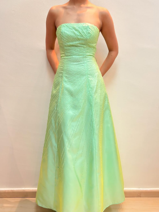 Simple A Line Strapless Beaded Green Satin Long Prom Dress Evening Dress DP1746