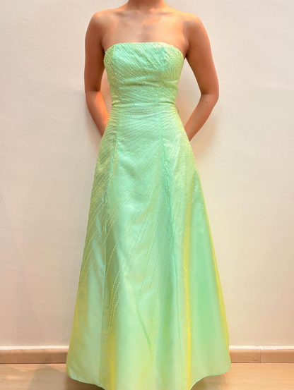 Simple A Line Strapless Beaded Green Satin Long Prom Dress Evening Dress DP1746