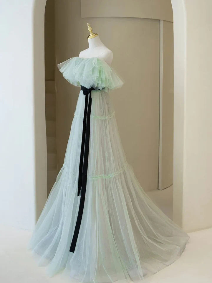 Light Green A Line Off the Shoulder Tulle Long Prom Dress Evening Dress DP1123