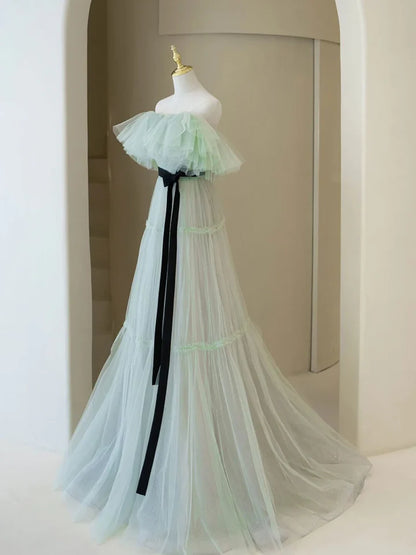 Light Green A Line Off the Shoulder Tulle Long Prom Dress Evening Dress DP1123