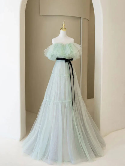 Light Green A Line Off the Shoulder Tulle Long Prom Dress Evening Dress DP1123