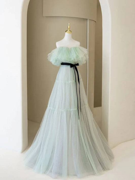 Light Green A Line Off the Shoulder Tulle Long Prom Dress Evening Dress DP1123