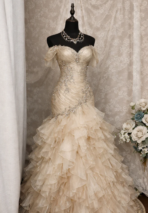 Blue Dreamy Mermaid Exquisite Beaded Layered Ruffle Tulle Prom Dress Evening Gown DP5039