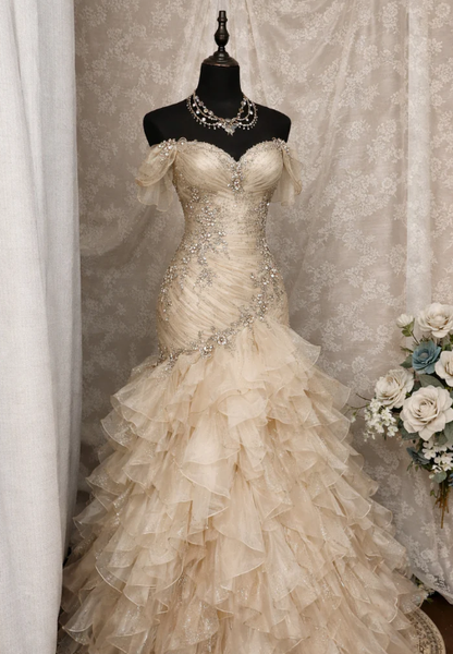 Blue Dreamy Mermaid Exquisite Beaded Layered Ruffle Tulle Prom Dress Evening Gown DP5039