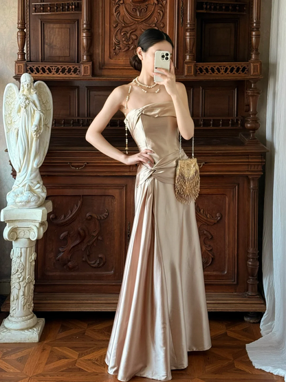 Elegant Champagne Gold A Line Strapless Satin Prom Dress Party Evening Dress DP5323