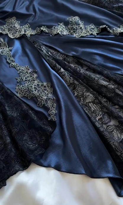 Vintage Navy Blue Mermaid Straps Appliques Lace Satin Prom Dress DP5071