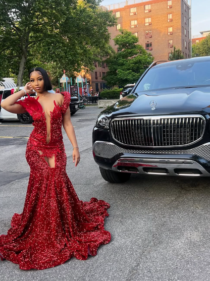 Sexy Mermaid V Neck Feather Red Sequin Long Sweep Prom Dress Evening Dress DP1707