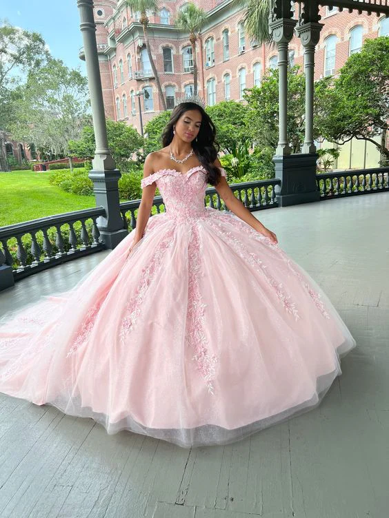 Elegant Pink Tulle Appliques Brithday Prom Dress Quinceanera Dress Ball Gown  DP686