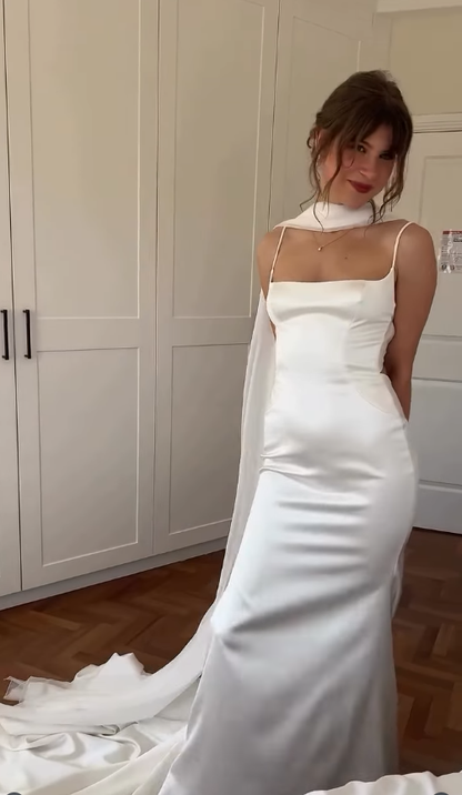 Stunning Mermaid Spaghetti Strap White Satin Open Back Wedding Dresses DP4347