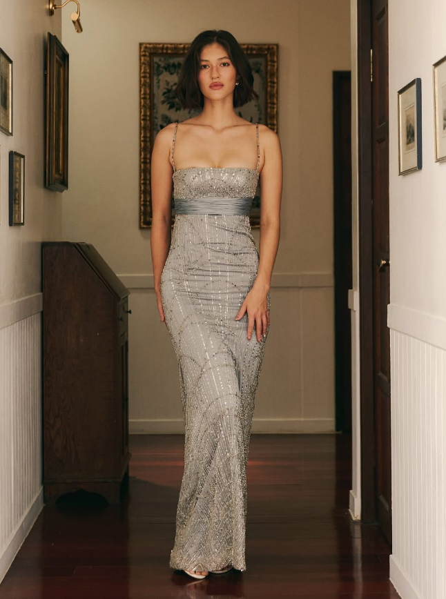 Grey Sheath Spaghetti Strap Sequin Tulle Satin Long Prom Dress Evening Dress DP4767