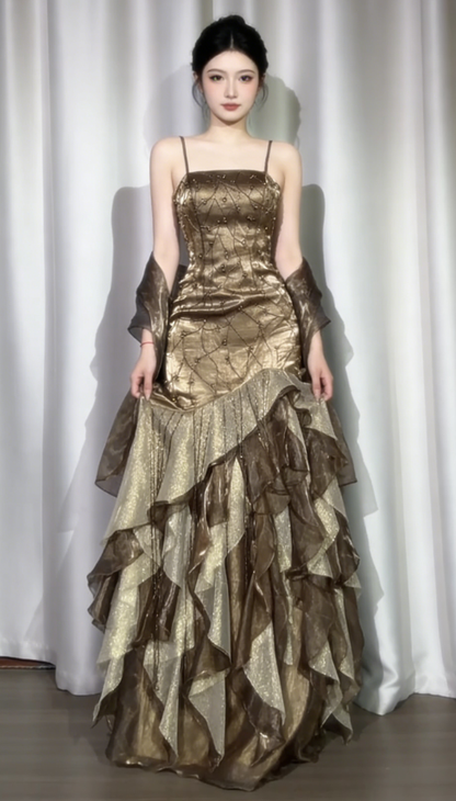Gorgeous Sheath Long Prom Dress Spaghetti Straps Birthday Dress Beaded Satin Formal Dresses DP4359