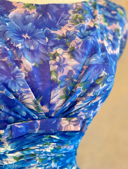 Vintage Cute A Line Round Neck Print Floral Blue Chiffon Prom Dress 16th Birthday Dress Outfits DP4140