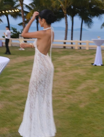 White Mermaid V Neck Lace Open Back Long Prom Dress Evening Dress DP1404