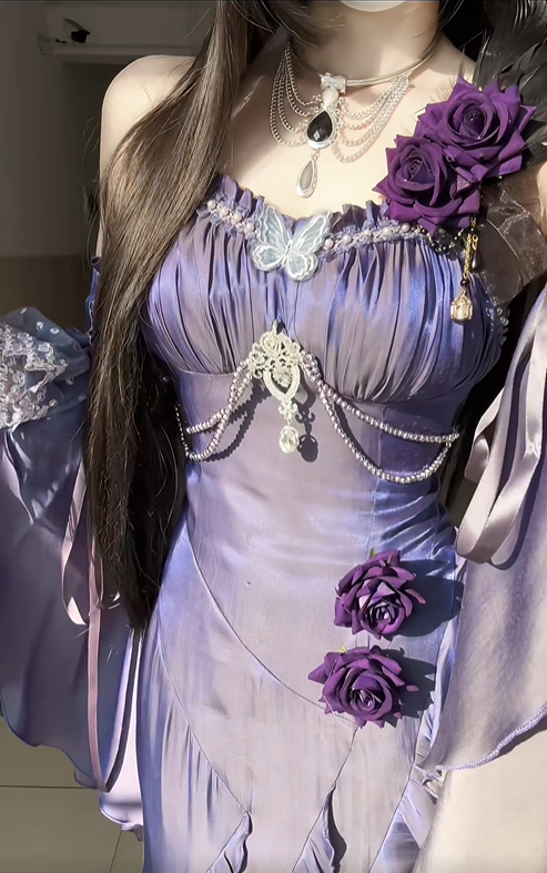 Stunning Purple Mermaid Strap Rose Layered Satin Prom Dress Graduation Ball Gown DP4564