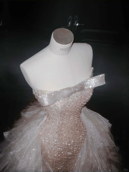 Champagne Sheath Strapless Beaded Sequin Tulle Long Prom Dress Evening Dress DP2656