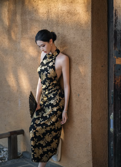 Sexy Sheath Halter Gold Print Floral Black Satin Open Back Long Prom Dress Evening Dress DP4786