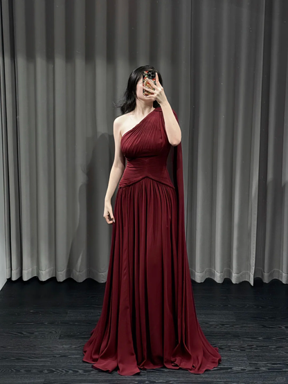 Elegant Burgundy A Line One Shoulder Pleated Chiffon Long Prom Dress Evening Dress DP4774