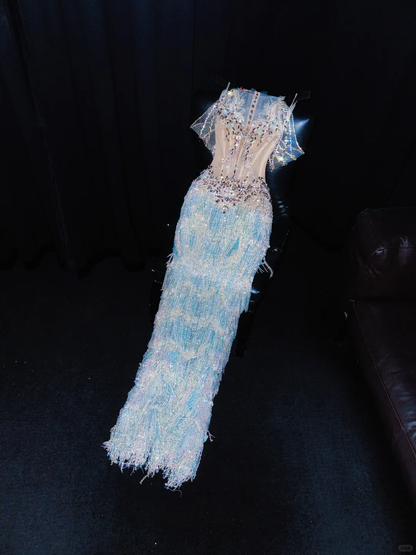 Dreamy Sheath Sequin Beaded Baby Blue Tulle Long Sweep Prom Dress Evening Dress DP2694