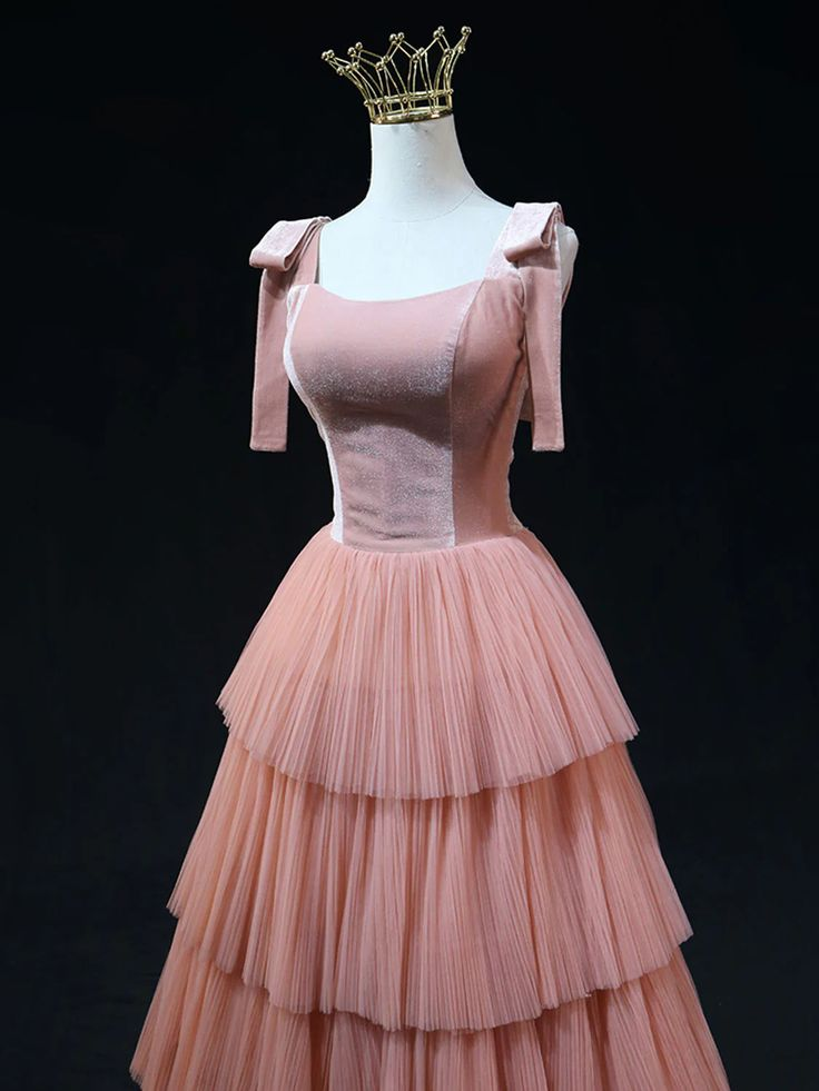 Elegant Pink Velvet Layered Tulle Long Prom Dress Evening Dress DP461