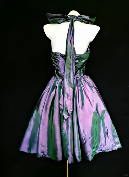 Vintage Purple A Line Halter Pleated Satin Open Back Short Homecoming Dress DP4722
