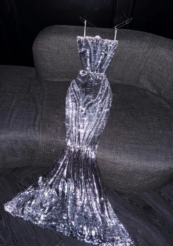 Shiny Silver Sequin Mermaid Strapless Beaded Bow Satin Long Prom Dress DP4643