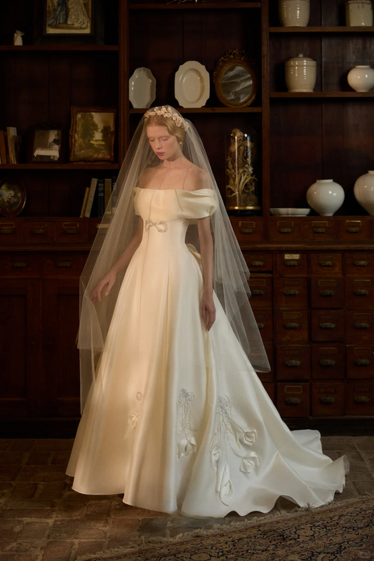 Princess Ball Gown Off the Shoulder Beaded Satin Long Prom Dress Wedding Dress DP3922