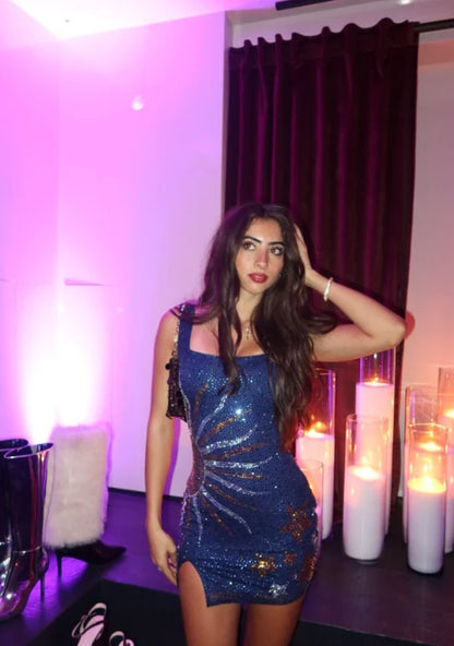 Sexy Dark Blue A Line Straps Sequin Beaded Short Homecoming Dress Outfits DP6400