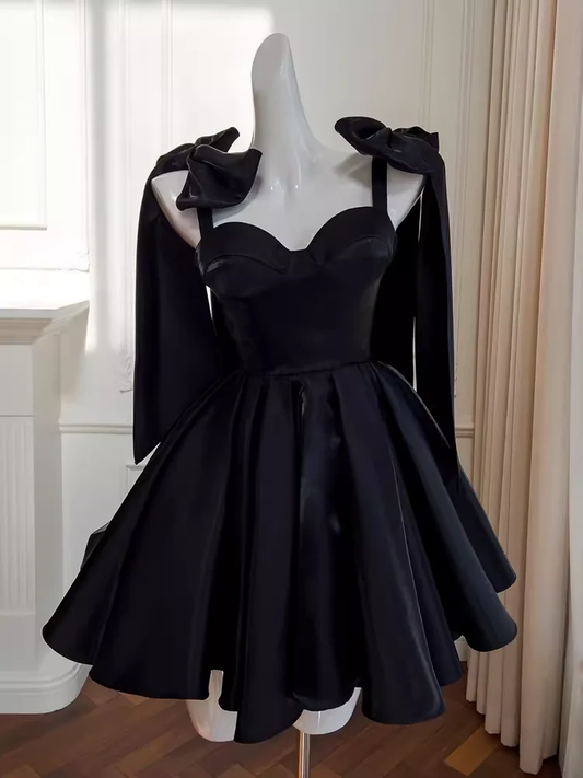 Cute A Line Straps Black Satin Birthday Outfit Homecoming Dress DP584