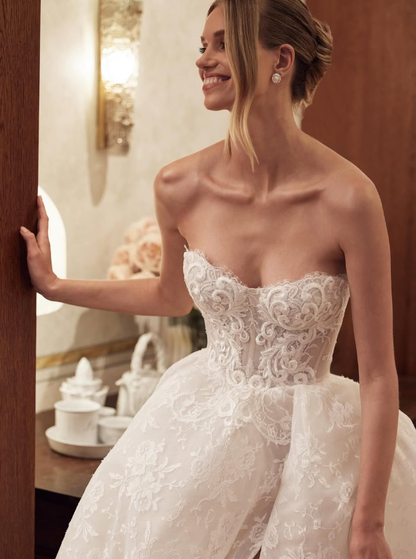 Sweaty Ball Gown Sweetheart Neck White Lace Long Wedding Dress with Slit DP5839