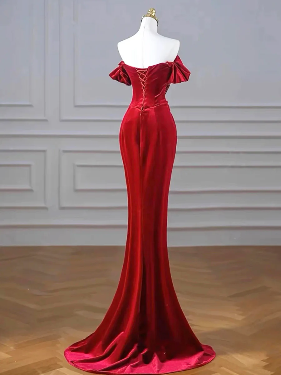 Sexy Red Velvet Sequins Long Slit Prom Dress Off the Shoulder Mermaid Party Dress DP391