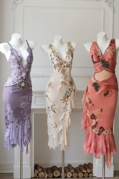 Vintage Purple Sheath V Neck Embroidery Satin Short Prom Dress Homecoming Dress DP5440