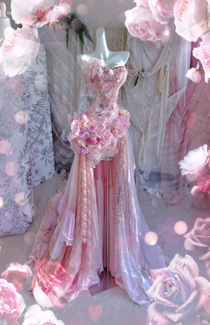 Pink Exquisite Mermaid Sweetheart Neck Floral Beaded Tulle Prom Dress 16th Birthday Dress DP3799