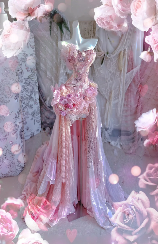 Pink Exquisite Mermaid Sweetheart Neck Floral Beaded Tulle Prom Dress 16th Birthday Dress DP3799