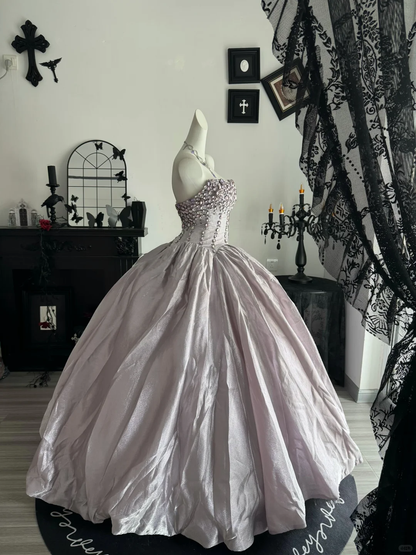 Light Purple Ball Gown Strapless Beaded Satin Prom Dress Quinceanera Dress DP6970