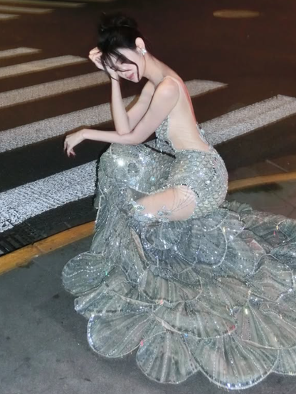 Unique Silver Mermaid Layered Sequin Long Sweep Prom Dress DP5035