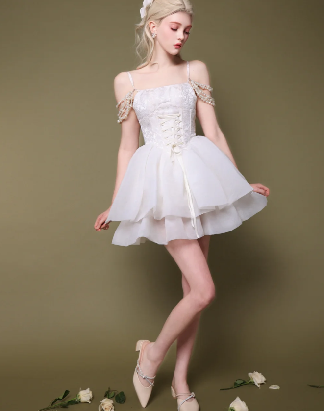 Fairy A Line Straps White Pearl Organza Satin Short Homecoming Dress Cocktail Dress DP2635