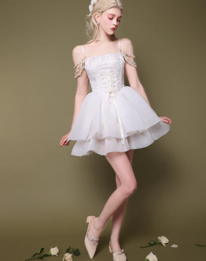 Fairy A Line Straps White Pearl Organza Satin Short Homecoming Dress Cocktail Dress DP2635