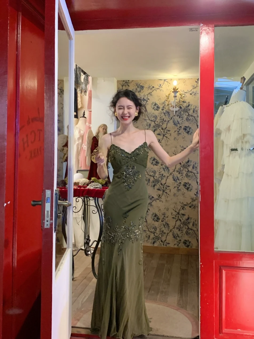 Vintage Olive Green Mermaid Spaghetti Strap Exquisite Beaded Chiffon Prom Dress 22th Birthday Dress DP3929