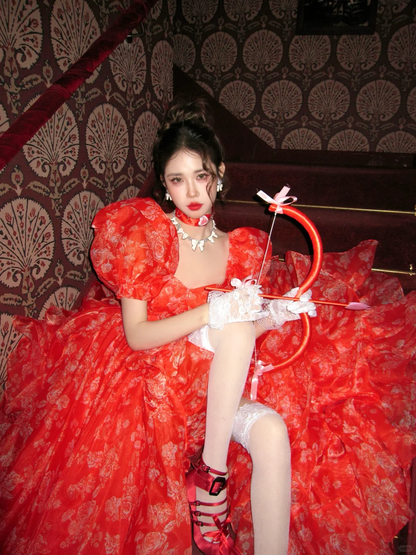 Red Ball Gown Puff Print Floral Ruffle Chiffon Long Party Dress Birthday Dress with Slit DP2523