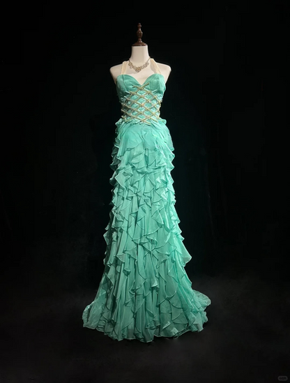 Retro A Line Halter Beaded Ruffle Blue Chiffon Prom Dress Party Dress DP2773