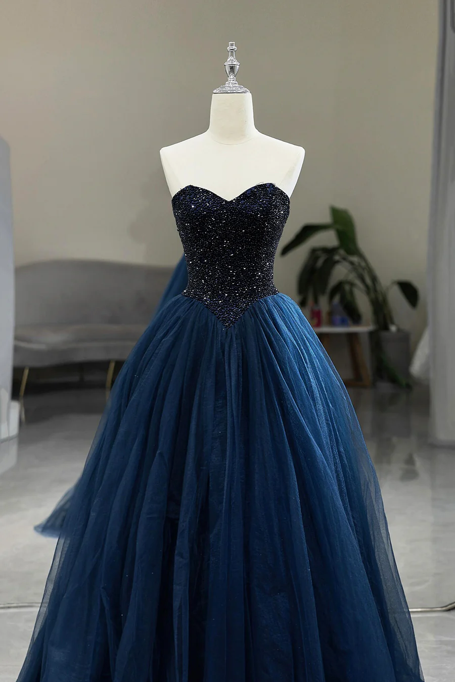 Navy Blue Strapless Tulle Beaded Long Prom Dress Formal Evening Dress DP305