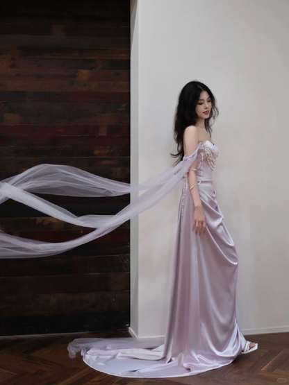 Purple Sheath Off the Shoulder Pearl Satin Tulle Party Dress Evening Dress DP2547