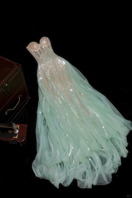 Exquisite A Line Strapless Beaded Green Champagne Tulle Party Dress Evening Dress DP2861