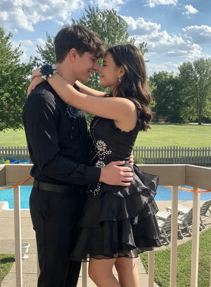 Beautiful Black Chiffon Layered Beaded Short Prom Dress Homecoming Dress Party Dress DP301