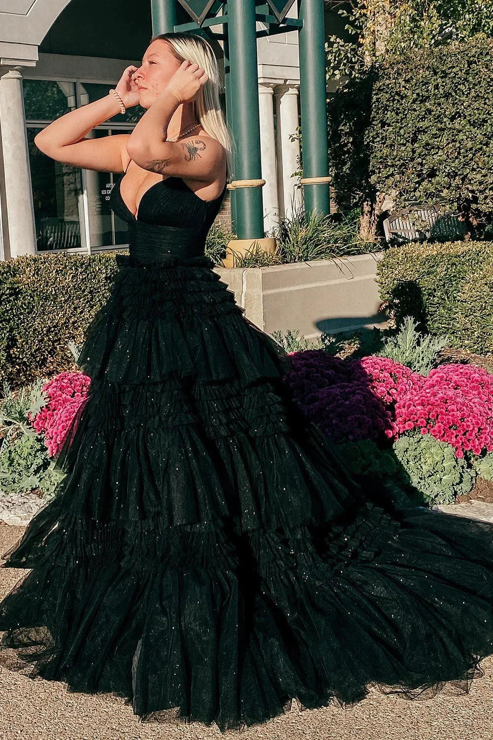 Black Ball Gown Spaghetti Strap Layered Tulle Long Prom Dress DP7751