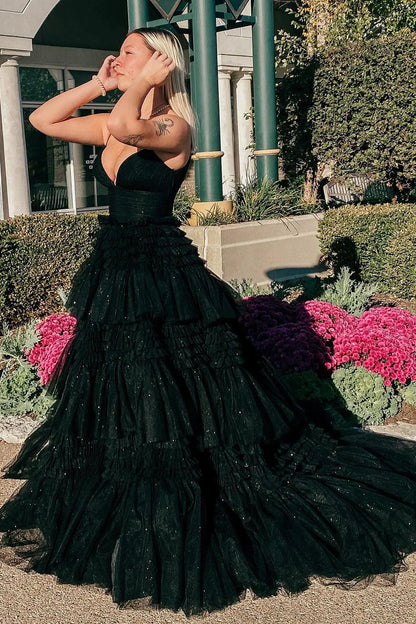 Black Ball Gown Spaghetti Strap Layered Tulle Long Prom Dress DP7751