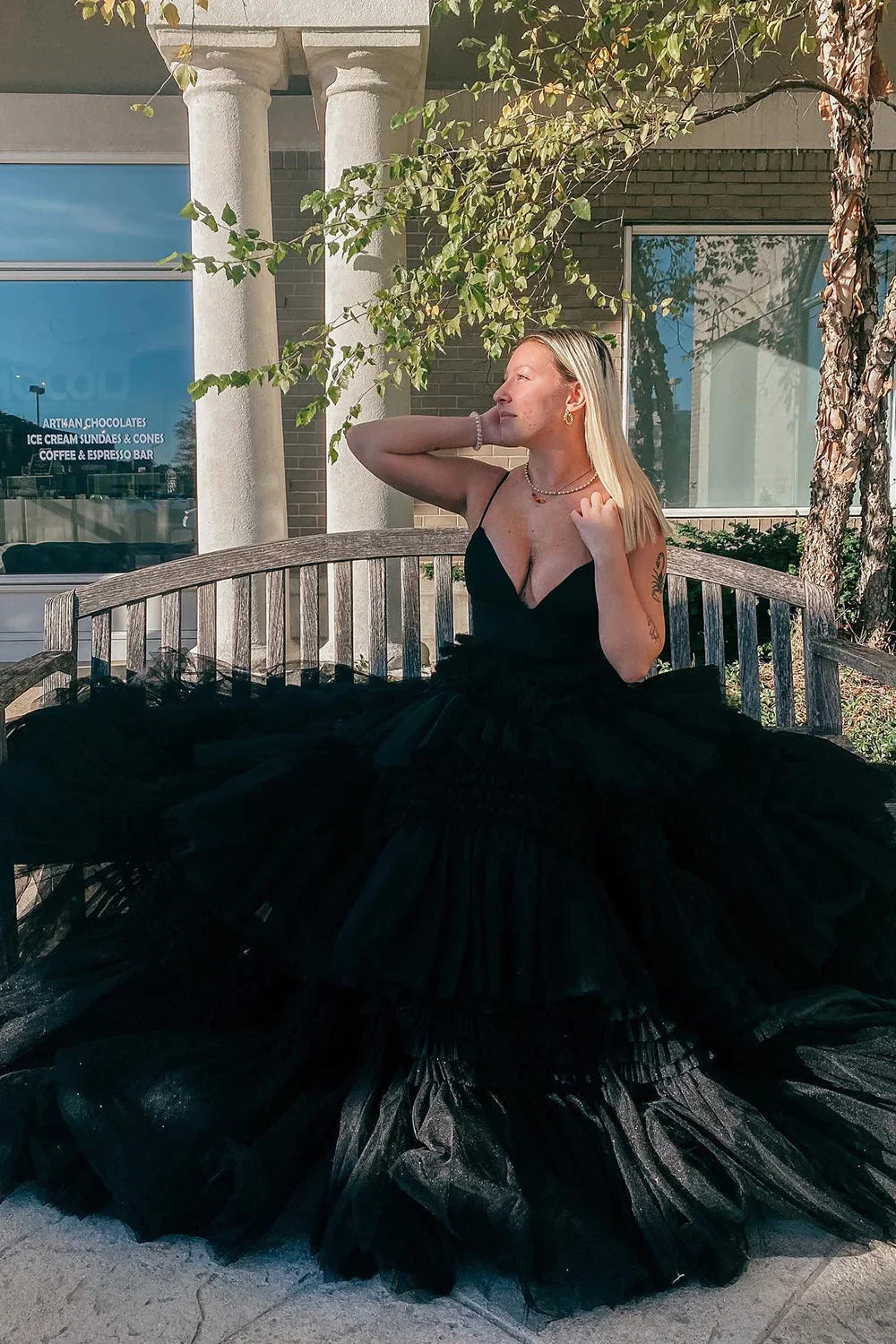 Black Ball Gown Spaghetti Strap Layered Tulle Long Prom Dress DP7751