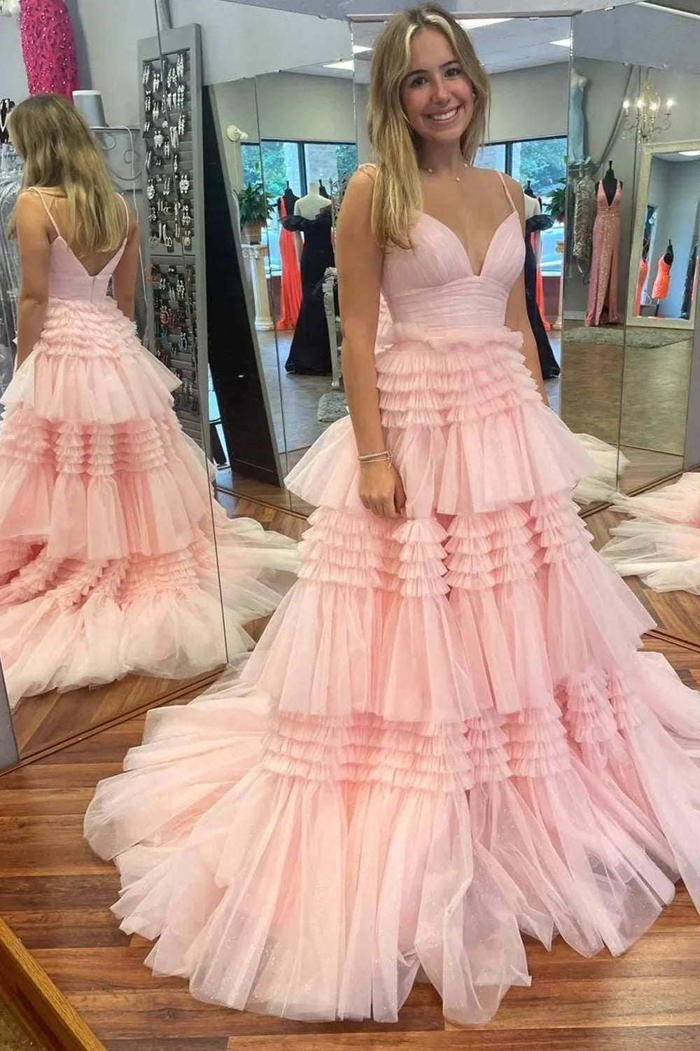 Pink Ball Gown Spaghetti Strap Layered Tulle Long Prom Dress DP7749