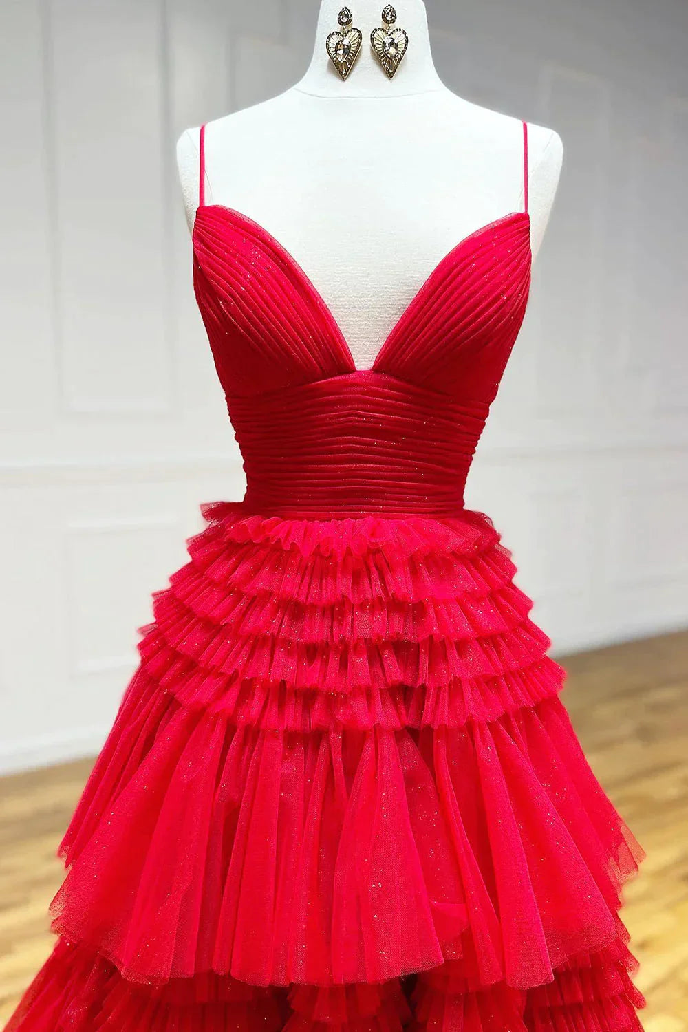 Red Ball Gown Spaghetti Strap Layered Tulle Long Prom Dress DP7750